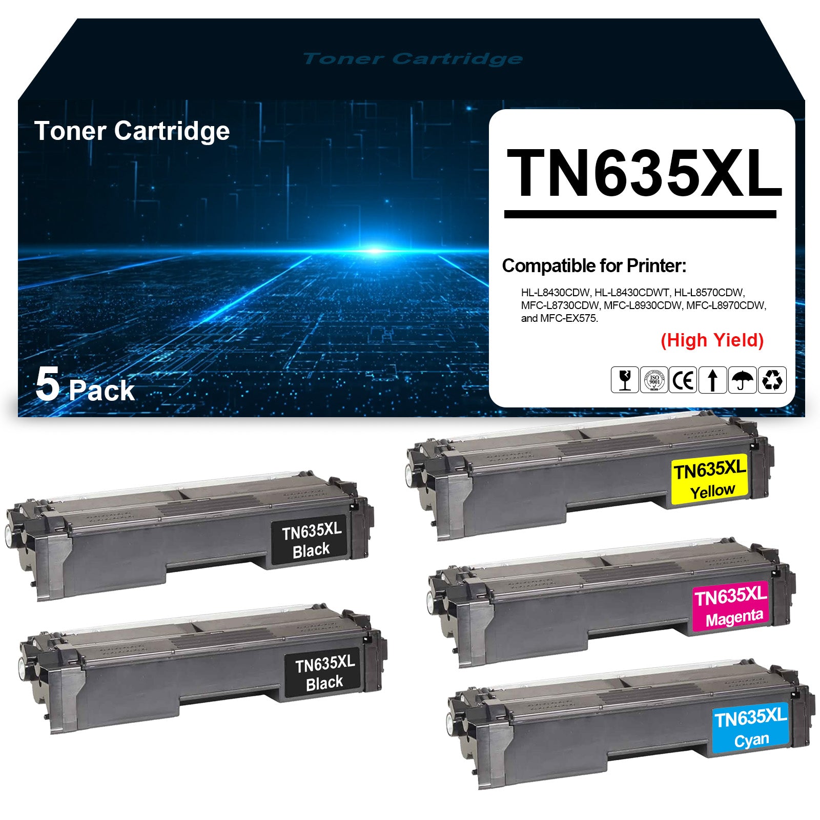 High Yield TN635XL TN635 Toner TN635XLBK TN635XLC TN635XLM TN635XLY Toner Cartridge Replacement for Brother HL-L8430CDW L8430CDWT L8570CDW MFC-L8730CDW L8930CDW L8970CDW EX575(5 Pack)