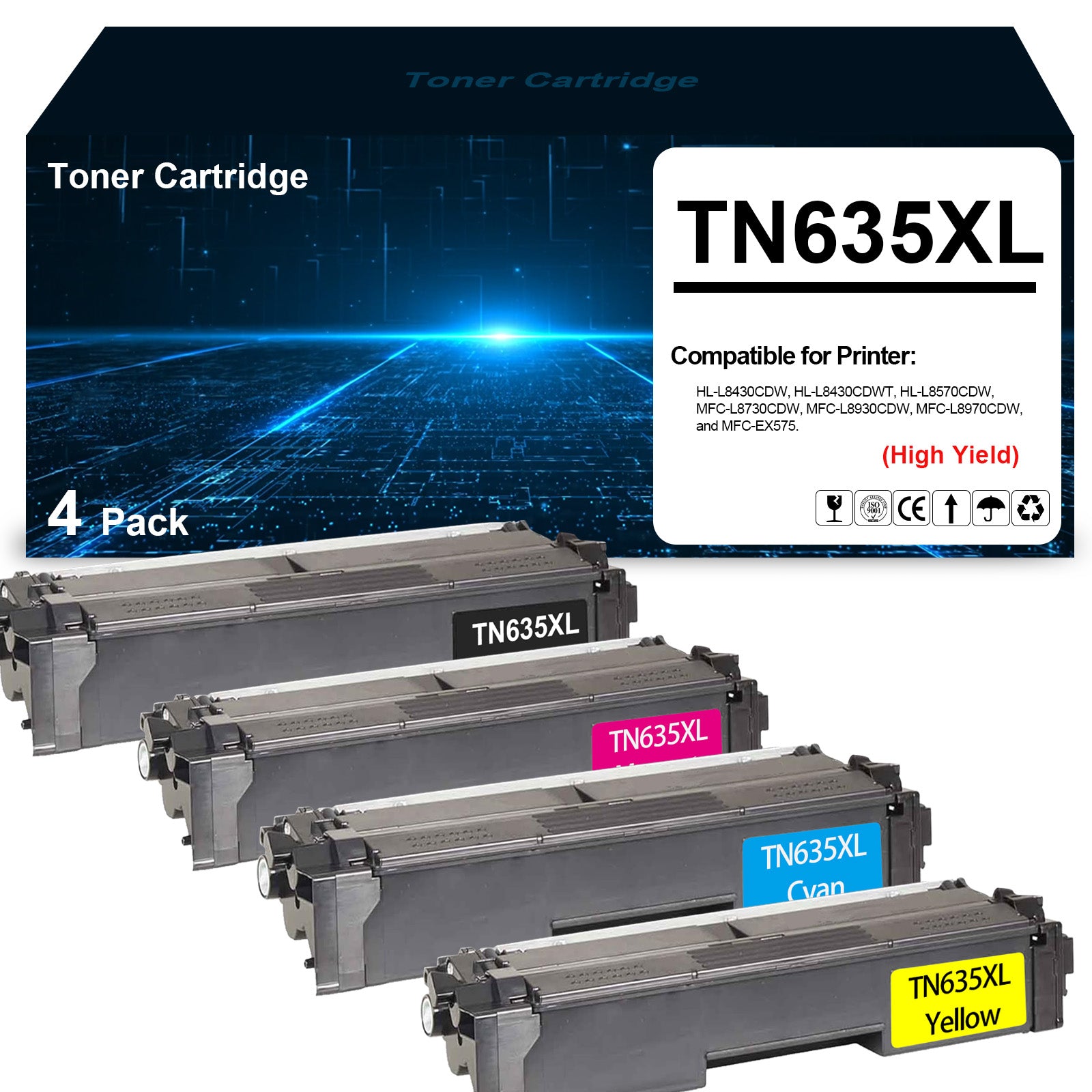 High Yield TN635XL TN635 TN-635 Toner Cartridge TN635XLBK TN635XLC TN635XLM TN635XLY Toner Replacement for Brother HL-L8430CDW L8430CDWT L8570CDW MFC-L8730CDW L8930CDW L8970CDW EX575(4 Pack,BCMY)