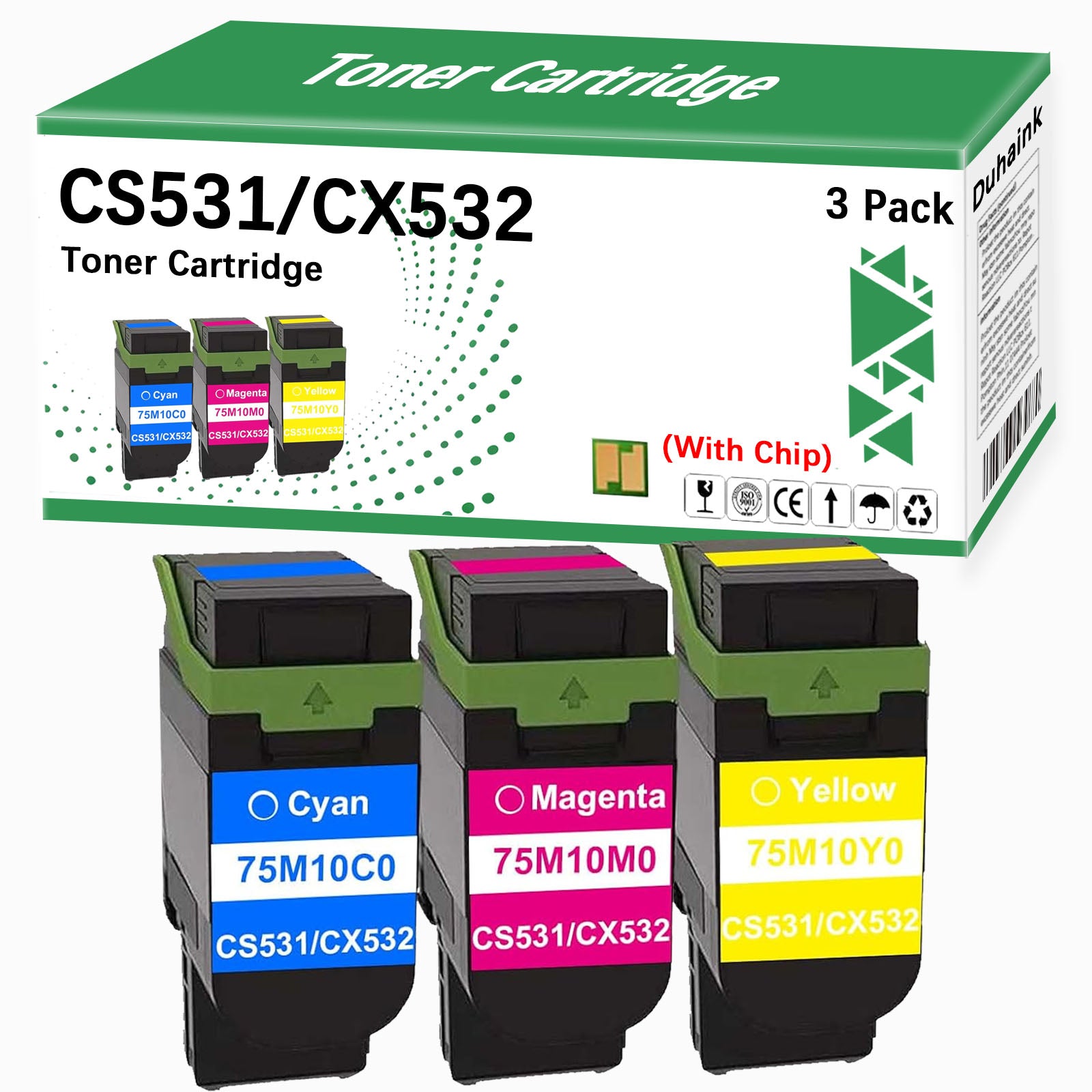 CS531 CX532 CS632 CX635 Toner Cartridge 75M10C0 75M10Y0 75M10M0 Toner Cartridge Replacement for CS531 CS531dw CX532 CX532adwe CS632 CS632dwe CX635 CX635adwe Printer (3 Color Pack,with Chip)