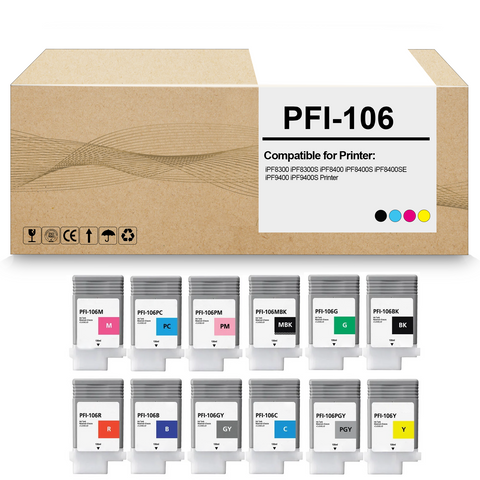 12 Pack PFI-106 PFI106 Remanufactured Ink Cartridge Compatible for imagePROGRAF iPF6300 iPF6300S iPF6350 iPF6450 iPF6400 iPF6400S Printer (130ML)