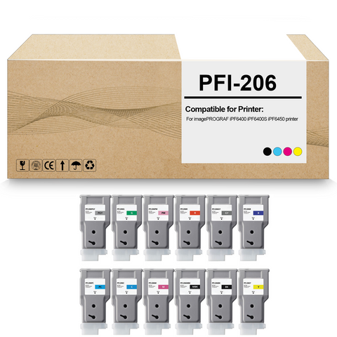12 Pack PFI-206 PFI206 Remanufactured Ink Cartridge Compatible for imagePROGRAF iPF6400 iPF6400S iPF6450 Printer (300ML)