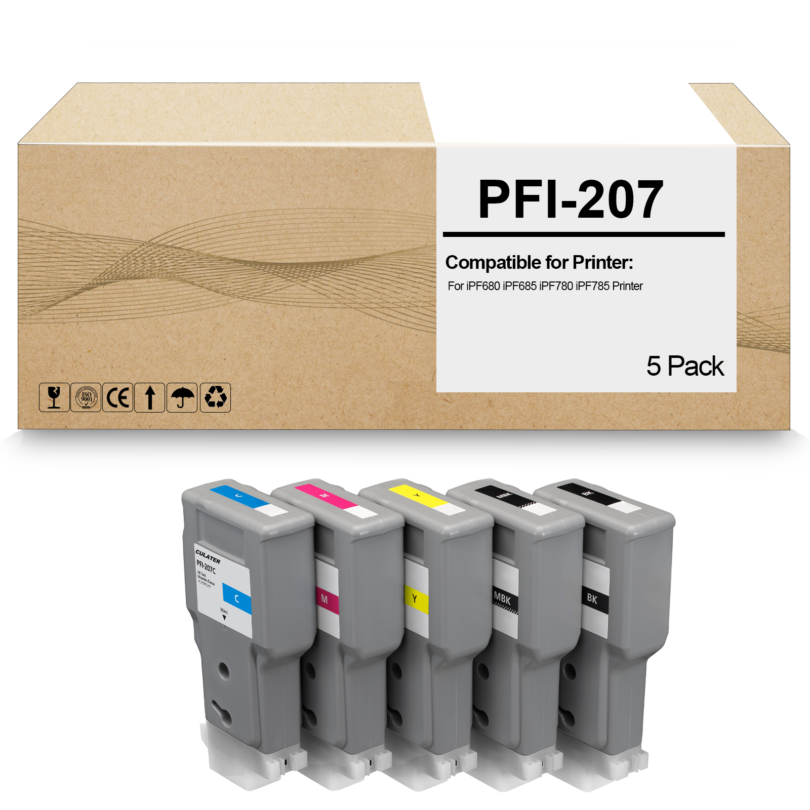 5 Pack PFI-207 PFI207 Remanufactured Ink Tank PFI-207MBK PFI-207BK PFI-207C PFI-207Y PFI-207M Ink Cartridge Replacement for iPF685 iPF680 iPF785 iPF780 Printer (300ML)