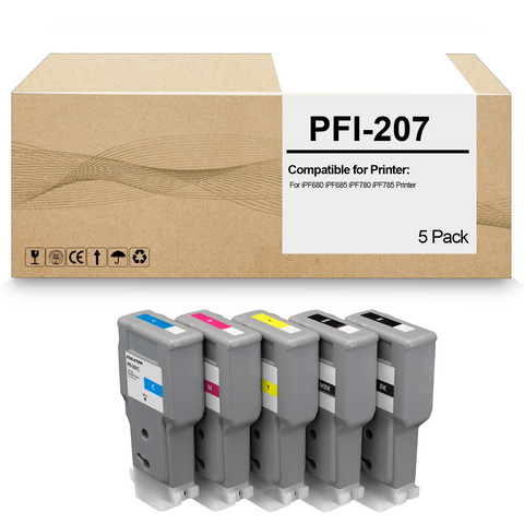 5 Pack PFI-207 PFI207 Remanufactured Ink Tank PFI-207MBK PFI-207BK PFI-207C PFI-207Y PFI-207M Ink Cartridge Replacement for iPF685 iPF680 iPF785 iPF780 Printer (300ML)
