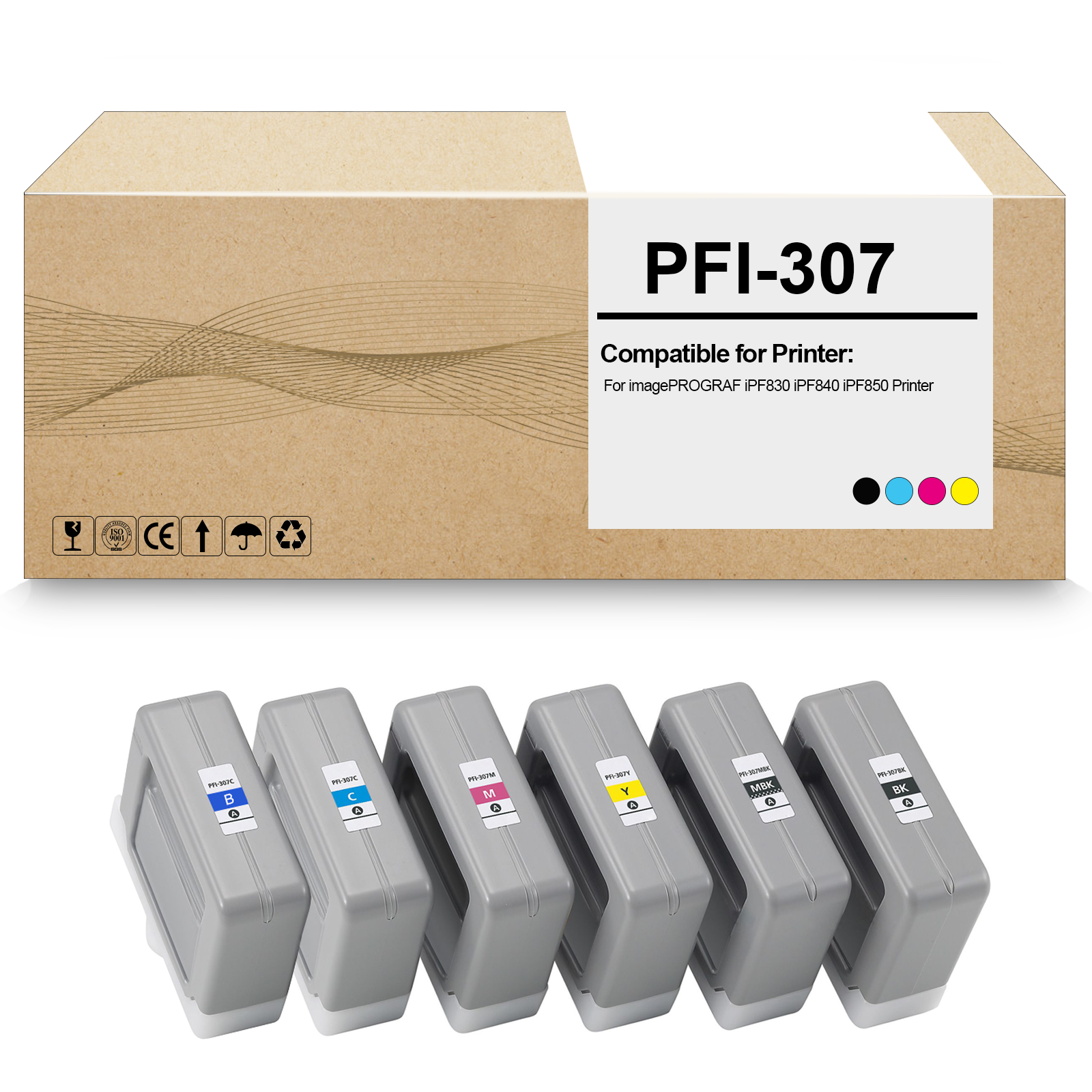5 Pack PFI-307 PFI307 Remanufactured Ink Tank PFI-307MBK PFI-307BK PFI-307C PFI-307Y PFI-307M Ink Cartridge Replacement for imagePROGRAF iPF830 iPF840 iPF850 Printer (300ML)