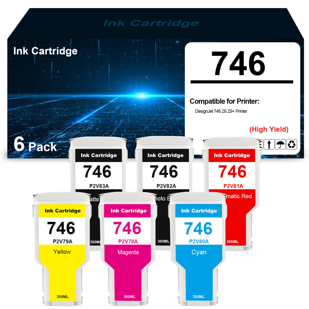 6 Pack 746 Ink Cartridges 300ML Replacement for P2V83A P2V82A P2V81A P2V80A P2V79A P2V78A DesignJet 746 Z6 Z9+ Large Format Printer (6 Colors-PK/MK/CR/C/M/Y)