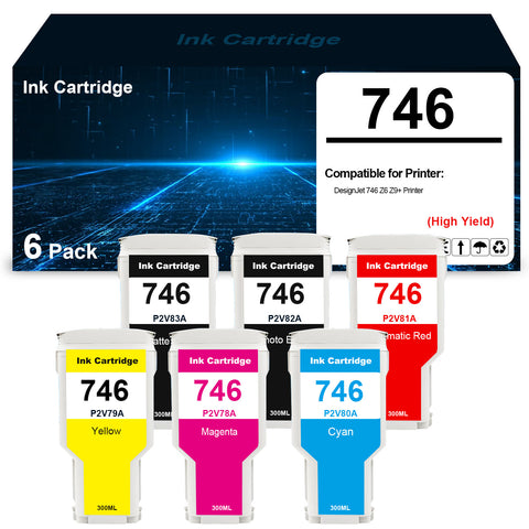 6 Pack 746 Ink Cartridges 300ML Replacement for P2V83A P2V82A P2V81A P2V80A P2V79A P2V78A DesignJet 746 Z6 Z9+ Large Format Printer (6 Colors-PK/MK/CR/C/M/Y)