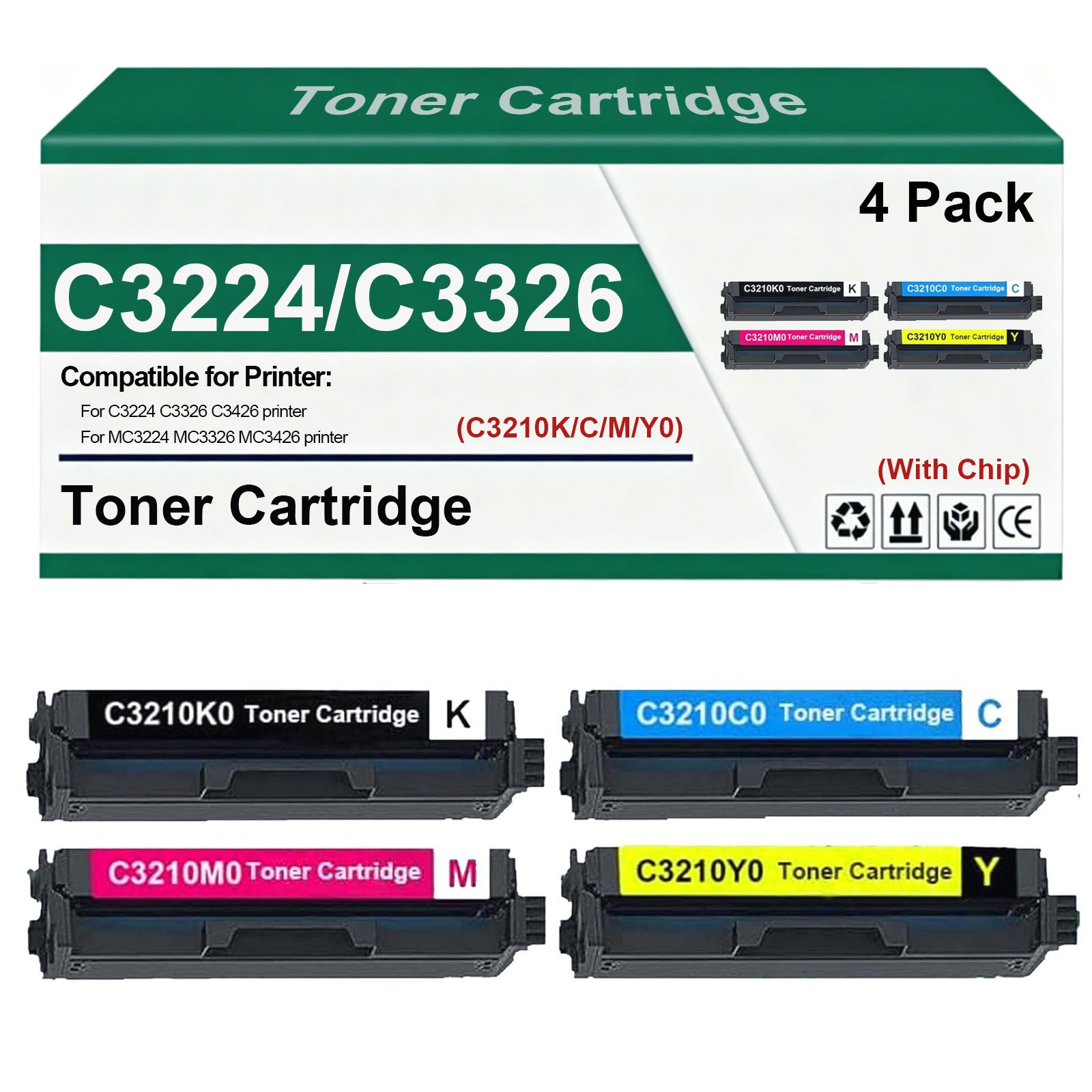 4 Pack C3210K0 C3210C0 C3210M0 C3210Y0 Remanufactured Toner Cartridge Replacement for C3224 C3326 C3426 MC3224 MC3326 MC3426 Printer (with Chip, B C M Y)