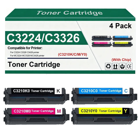 4 Pack C3210K0 C3210C0 C3210M0 C3210Y0 Remanufactured Toner Cartridge Replacement for C3224 C3326 C3426 MC3224 MC3326 MC3426 Printer (with Chip, B C M Y)