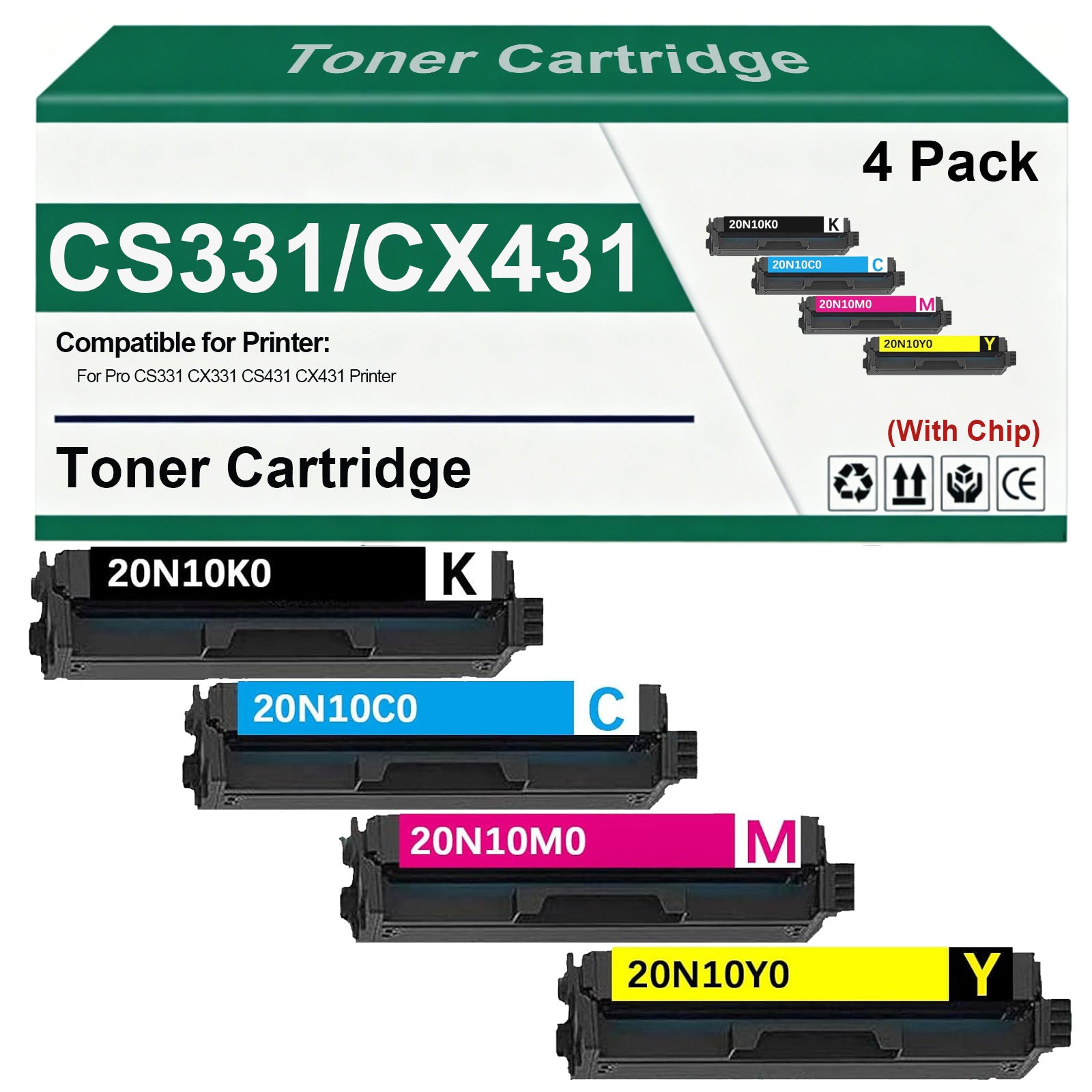 CS331 CX331 20N10 Toner Cartridge 20N10K0 20N10C0 20N10M0 20N10Y0 Toner Cartridge Replacement for CS331 CX331 CS431 CX431 Printer (4 Pack,with Chip)