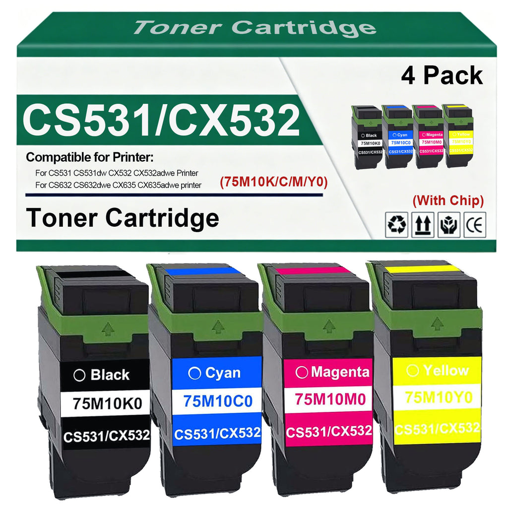 CS531 CX532 CS632 CX635 Toner Cartridge 75M10K0 75M10C0 75M10Y0 75M10M0 Toner Cartridge Replacement for CS531 CS531dw CX532 CX532adwe CS632 CS632dwe CX635 CX635adwe Printer (4 Pack)