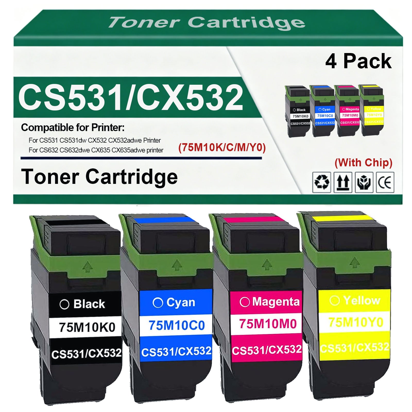CS531 CX532 CS632 CX635 Toner Cartridge 75M10K0 75M10C0 75M10Y0 75M10M0 Toner Cartridge Replacement for CS531 CS531dw CX532 CX532adwe CS632 CS632dwe CX635 CX635adwe Printer (4 Pack)