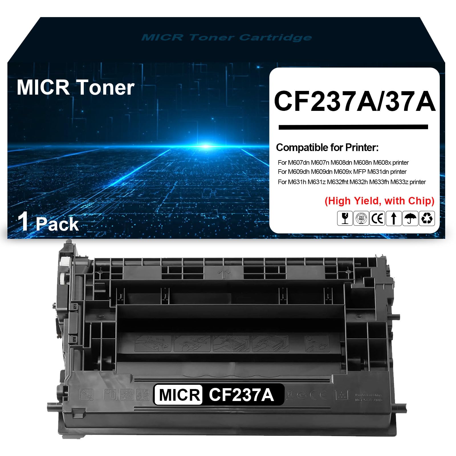 CF237A 37A MICR Toner 37A 37X CF237X High Yield Toner Cartridge Compatible for M607n M607dn M608n M608x M608dn M609dh M609dn M609x MFP M631dn M631h M631z M632fht M632h M633z M633fh Printers（1 Pack）