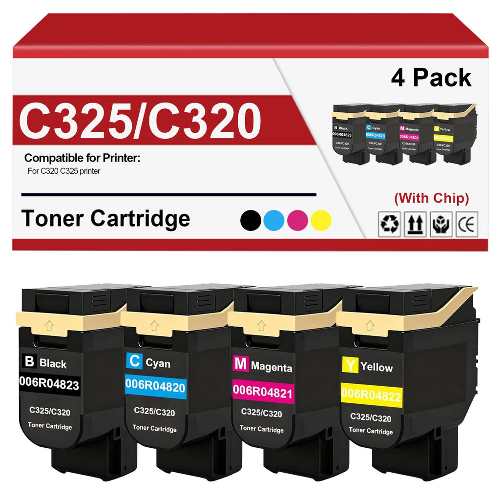 Four toner cartridges with a packaging box labeled C325/C320 on a white background.