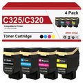 Four toner cartridges with a packaging box labeled C325/C320 on a white background.