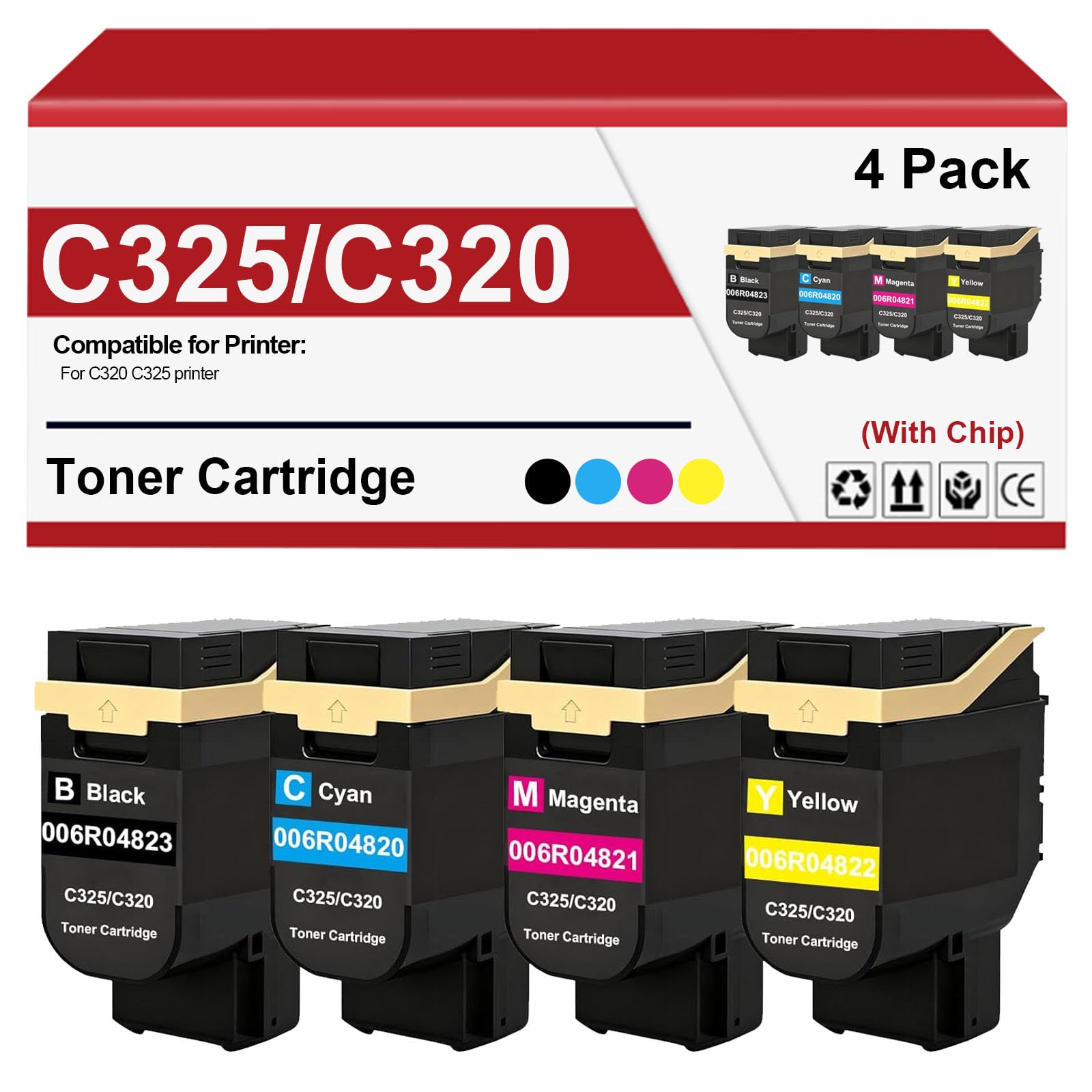 Four toner cartridges with a packaging box labeled C325/C320 on a white background.