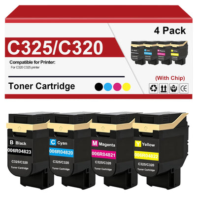 Four toner cartridges with a packaging box labeled C325/C320 on a white background.