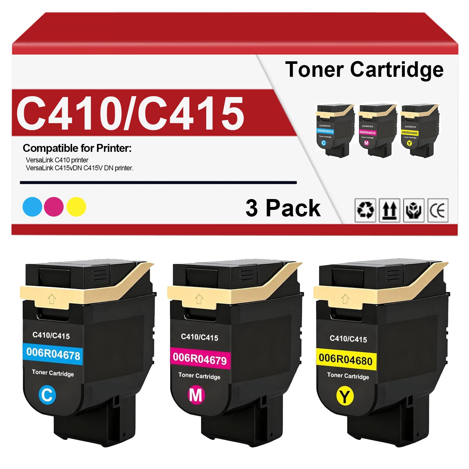 High Yield C410 C415 Toner Cartridge 006R04678 006R04679 006R04680 Toner Cartridge Replacement for Xerox VersaLink C410 C415DN C415V_DN Printer (3 Pack,Cyan/Magenta/Yellow)