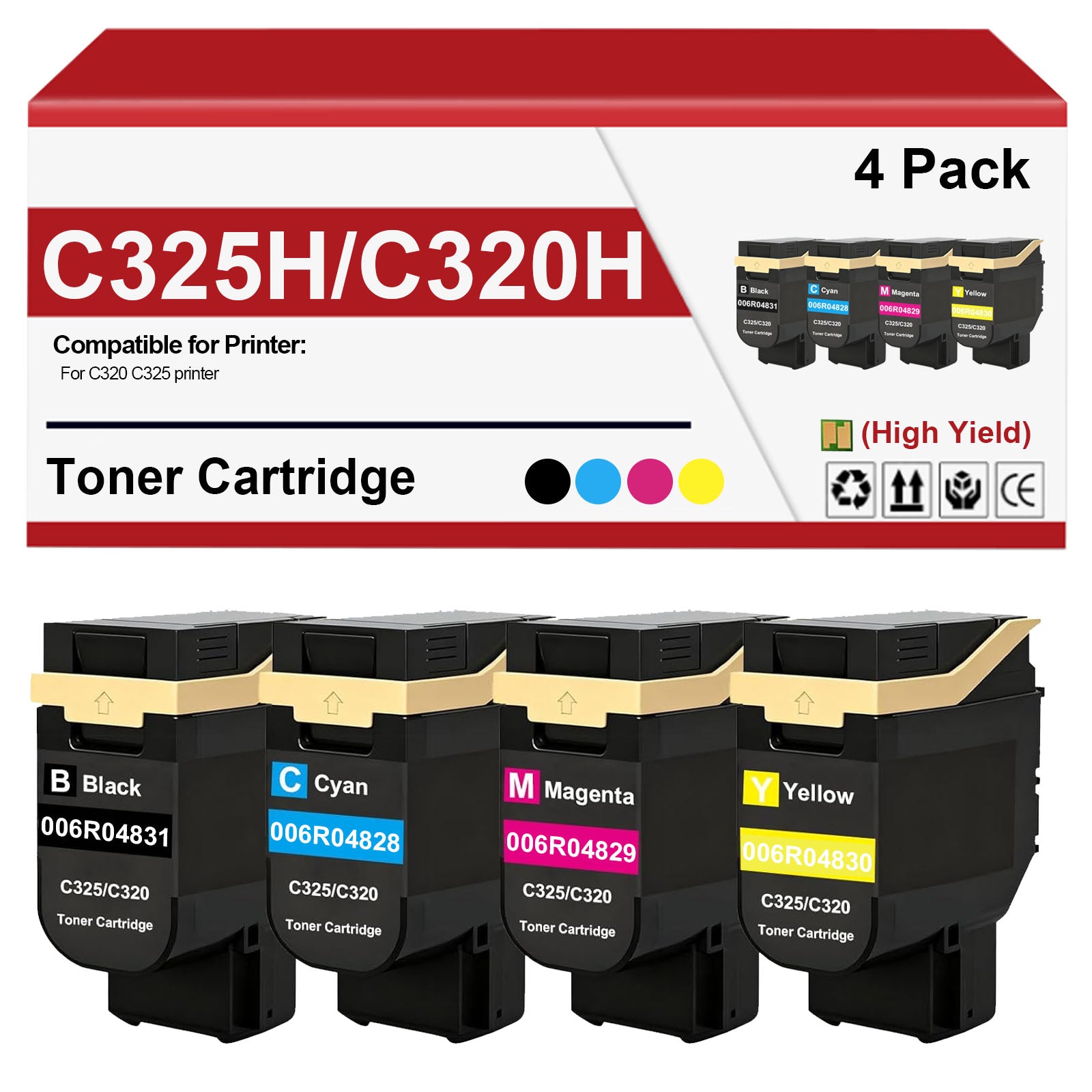 4 Pack C325 C320 Remanufactured Toner Cartridge 006R04828 006R04829 006R04830 006R04831 Replacement for Xerox C325 C320 Printer (with Chip, High Capacity)