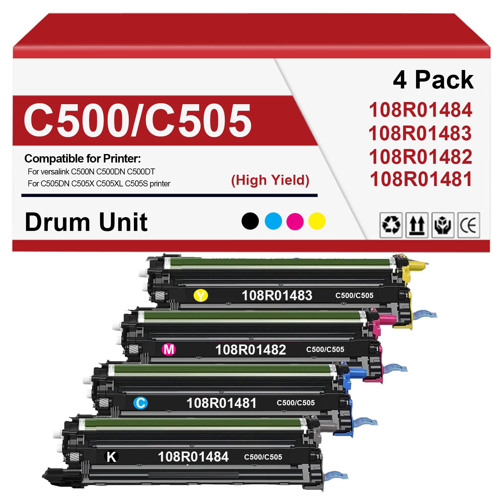 4 Pack C500 C505 Remanufactured Imaging Unit 108R01481 108R01482 108R01483 108R01484 Drum Cartridge Works with Xerox Versalink C500N C500DN C500DT C505DN C505X C505XL C505S Printer (Not Toner)