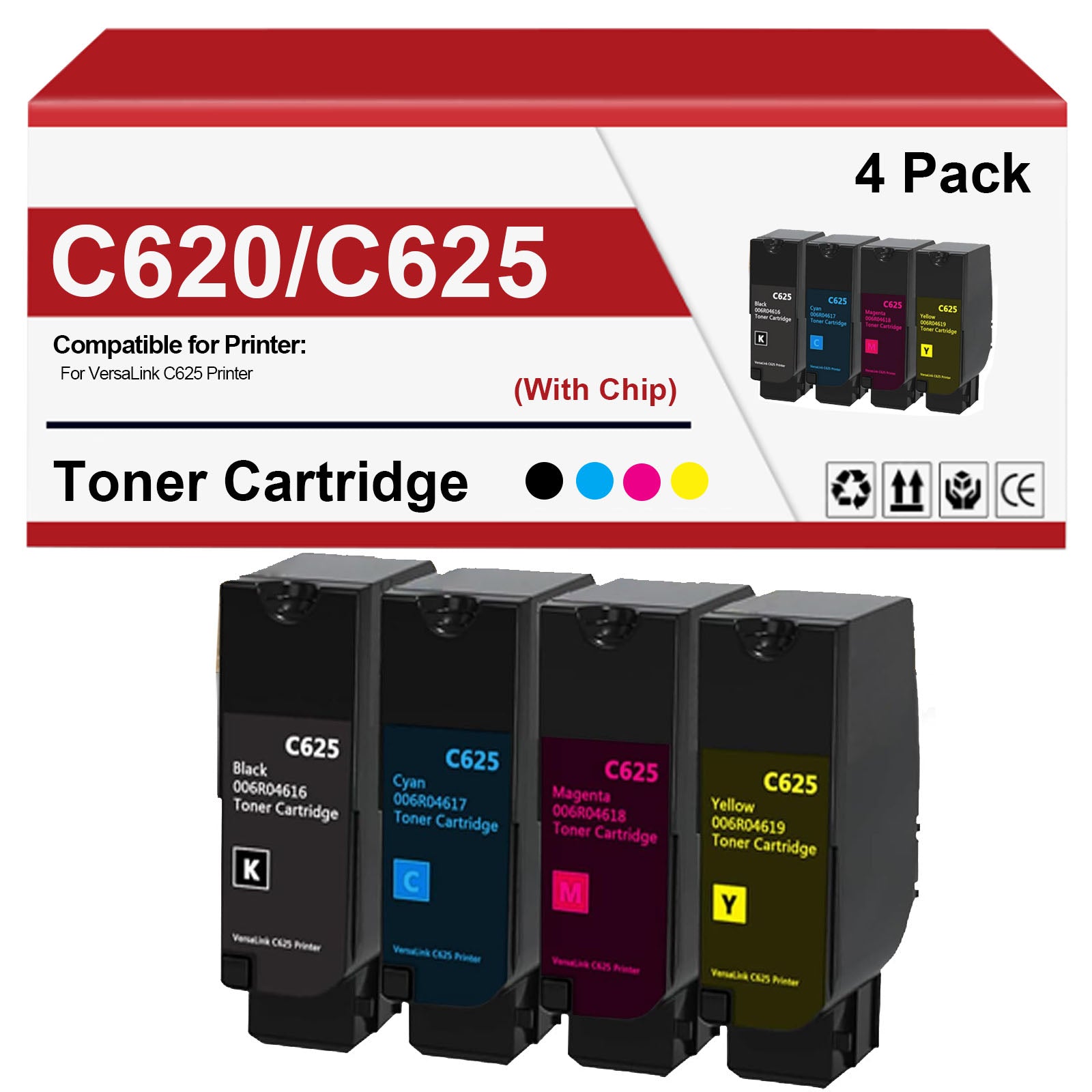 4 Pack C625 Remanufactured Toner Cartridge 006R04616 006R04617 006R04618 006R04619 Replacement for Xerox VersaLink C625 Printer (with Chip)